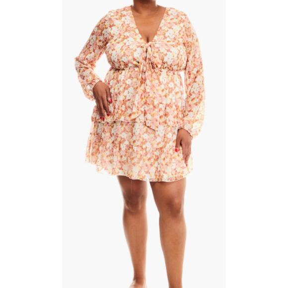 NWT Forever 21 Plus 0X Peach Floral long sleeve ruffled mini dress cottage fairy - Picture 1 of 8